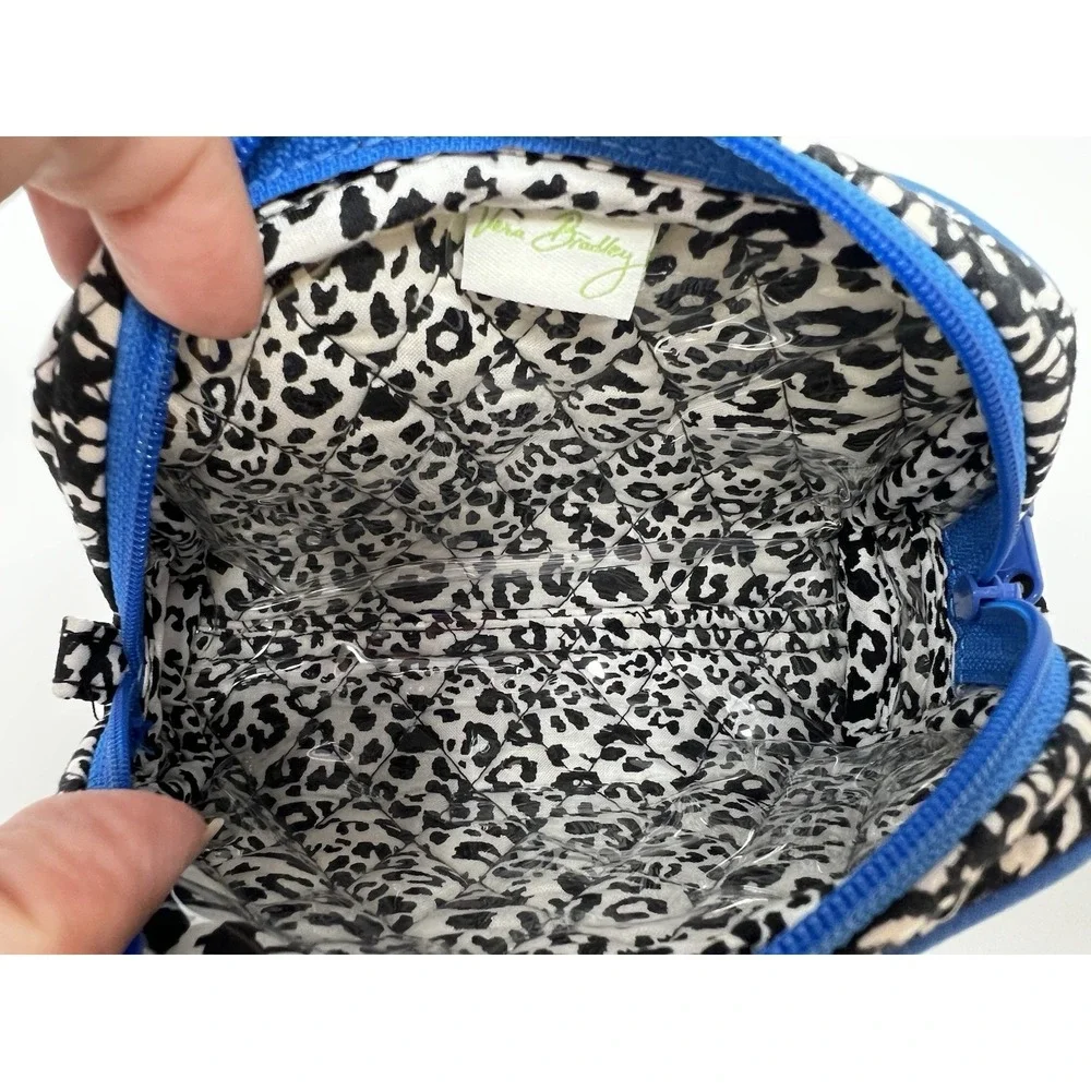 Vera Bradley Quilted Cosmetic Bag Black White Leopard Print Blue Trim Dome Pouch